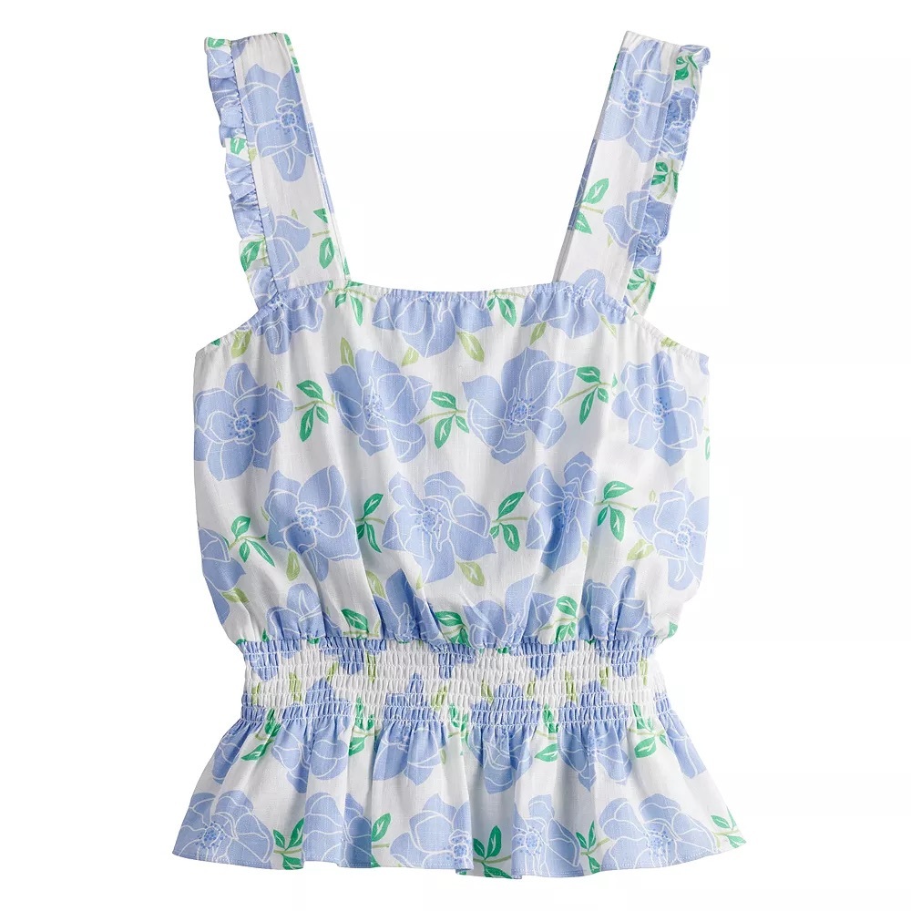 Draper James Light Blue Floral Ruffle Linen Tank Top